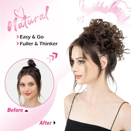 Vista 3 de Moño de pelo desordenado para mujer, suelto, ondulado, grande, negro, rizado, moño sintético, extensión de cola de caballo con cordón elástico con 4