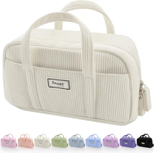 Sooez Estuche grande para lápices, extra grande con 5 compartimentos, bolsa para bolígrafos de amplia apertura, organizador de pana suave con Beige