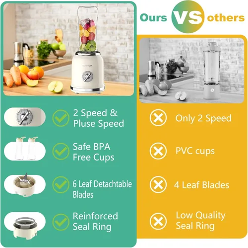 Vista 2 de Licuadora personal retro para bebidas de proteínas, licuadora pequeña de 3 velocidades para batidos, fabricante con hoja de 6 bordes y 2 vasos