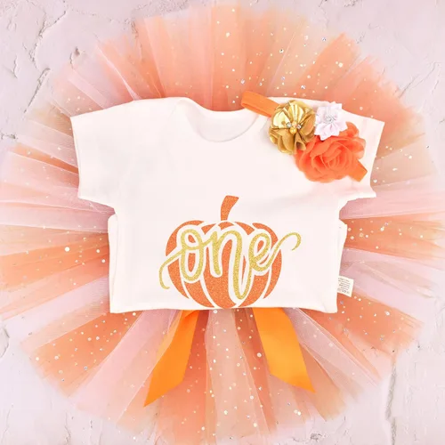 Vista 4 de Gouldianfinch Conjunto de 1er cumpleaños para bebés y niñas, mameluco de calabaza con falda tutú con diadema