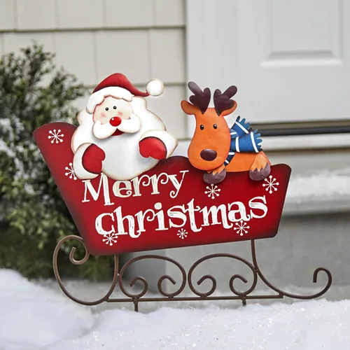 Vista 3 de Estaca de trineo de metal para Navidad con Papá Noel, reno, aspecto rústico, color rojo