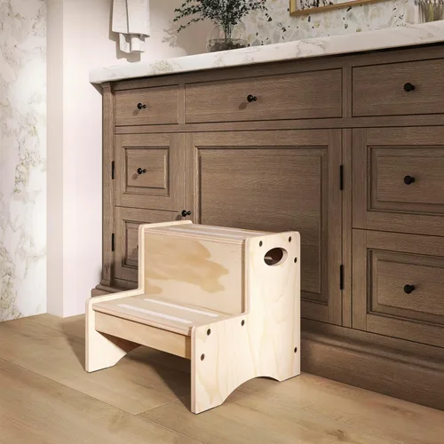 Vista 8 de Dream On Me Little Steps Taburete en color natural – Taburete sólido de madera de pino de Nueva Zelanda para niños con rieles de seguridad y base
