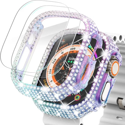 Vista 49 de Surace - Carcasa compatible con Apple Watch de 1.65 pulgadas con protector de pantalla de cristal templado, diseño brillante con 300 diamantes