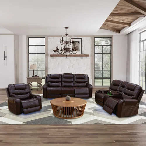 Vista 9 de Juego de sofá reclinable eléctrico para sala de estar, sofás reclinables de cuero blanco crema con puerto USB, sofá de cuero con sillón reclinable