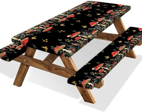 Vista 43 de Funda para Mesa de Picnic con Fundas para Bancos y Bolsa, Campista de Madera Impermeable Resistente al Viento, Cubierta de Mantel Ajustada con Borde