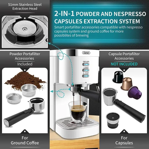 Vista 7 de Gevi Cafetera de capuchino automática de calentamiento rápido de 20 bares, con espumador de leche espumante para expreso, latte macchiato, tanque