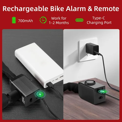 Vista 3 de BANGTING Candado de cadena de bicicleta de 4 pies resistente con alarma de 110 dB, cerradura de bicicleta resistente antirrobo con llave para Negro