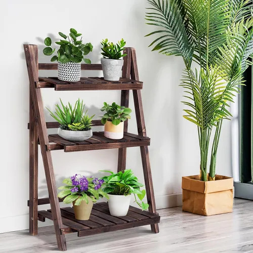 Vista 2 de Giantex 3 Tier Folding Wooden Plant Stand, Indoor Flower Pot Holder Display Rack, Free Installation Corner Plants Storage Shelf, Foldable Rustic