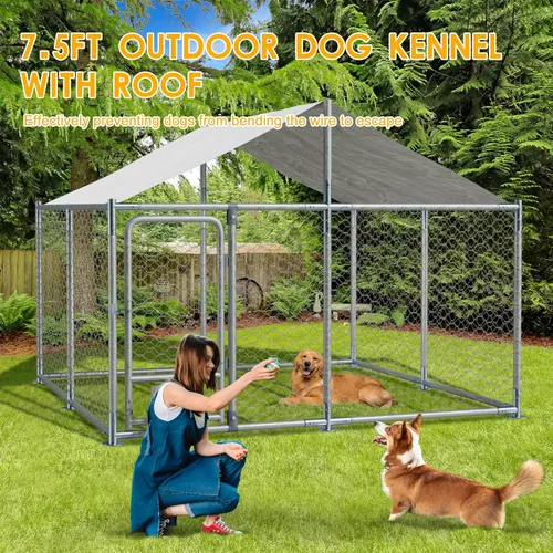 Vista 8 de Perrera para perros al aire libre de 7.5 x 7.5 x 5.3 pies con techo, recinto para perros con alimentador giratorio, corralito grande y resistente