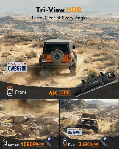 Vista 2 de WOLFBOX G900 Tripro Bumper Versión 3 Canal 4K Espejo Dash Cam, 8MP STARVIS 2 IMX678 Visión Nocturna, 4K+2.5K+1080P Dash Cam de Parachoques Delantero