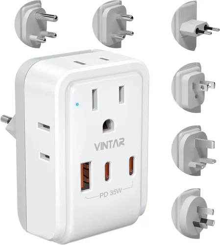 Vista 8 de VINTAR - Kit de adaptador de viaje universal, adaptador de enchufe internacional con 3 puertos USB (2 USB C, 3.4 A) y 2 salidas americanas, tipo A