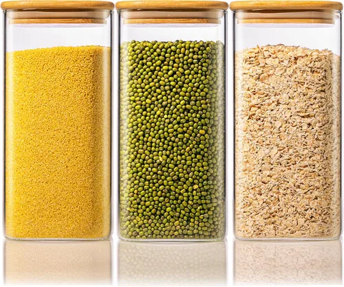 Vista 15 de Tamaño múltiple - Juego de 5 frascos cuadrados de vidrio con tapas de bambú, recipientes de vidrio para almacenamiento de alimentos con tapas