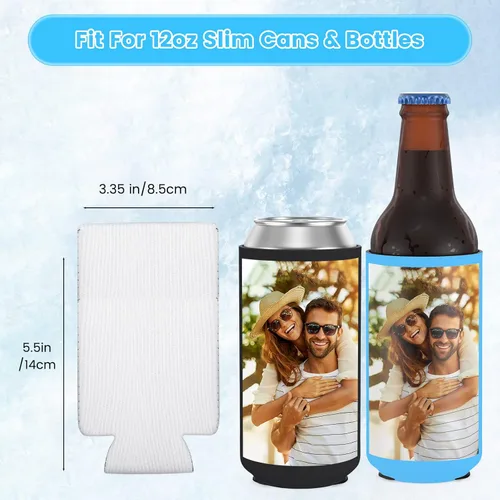 Vista 2 de Fundas enfriadoras de latas delgadas personalizadas a granel, soporte de botella de neopreno aislado con logotipo, imagen, texto para boda