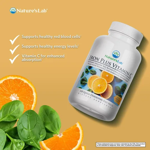 Vista 2 de Nature's Lab Hierro Plus Vitamina C Fast Melt Tabletas - Suave con el estómago Carbonil Hierro, Alta Absorción para Glóbulos Rojos Saludables* - 120