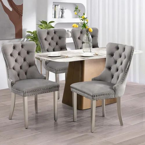 Vista 10 de SoarFlash Juego de 6 sillas de comedor de terciopelo, silla lateral de respaldo alto, silla lateral tapizada moderna de alta gama con capitoné