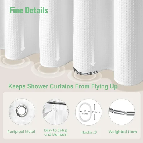 Vista 272 de Cortina de ducha de tela Dynamene verde oscuro - Cortinas de baño de tela de nido de abeja texturizadas resistentes, juego de cortinas de baño