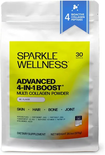 Vista 9 de Sparkle Wellness Advanced 4 in 1 Boost Polvo de colágeno múltiple clínicamente probado con VERISOL, FORTIBONE, FORTIGEL, TENDORFORTE Acai