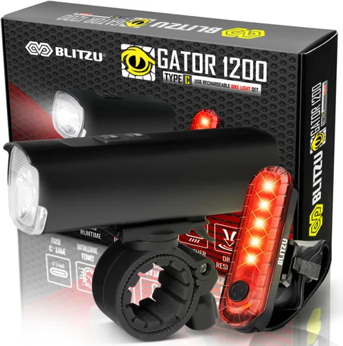 Juego de luces de bicicleta recargables USB-C Gator 1200 lúmenes súper brillantes, 7+4 modos de luz delantera y trasera, luz delantera y trasera