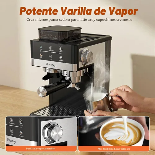 Vista 5 de Máquina de café expreso con molinillo, máquinas de café Expresso de 20 bar con espumador de leche, cafetera compacta profesional de acero inoxidable