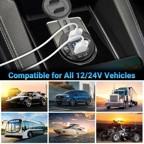 Vista 8 de Paquete de 2 salidas USB de 12 V, carga rápida dual 3.0, cargador de aluminio impermeable con voltímetro LED e interruptor de alimentación