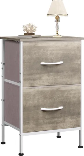 Vista 14 de WLIVE - Mesita de noche con 2 cajones, cómoda pequeña con 2 cajones para dormitorio, mueble de noche, mesa auxiliar con compartimentos de tela