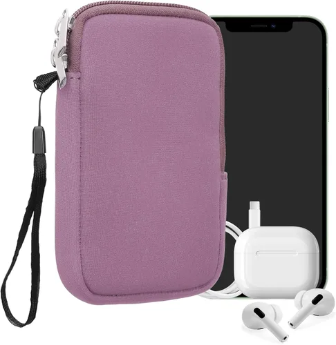 Vista 26 de kwmobile Bolsa de neopreno para teléfono tamaño XL - 6.7/6.8 pulgadas - Funda universal para celular con cremallera, correa para la muñeca, amarillo