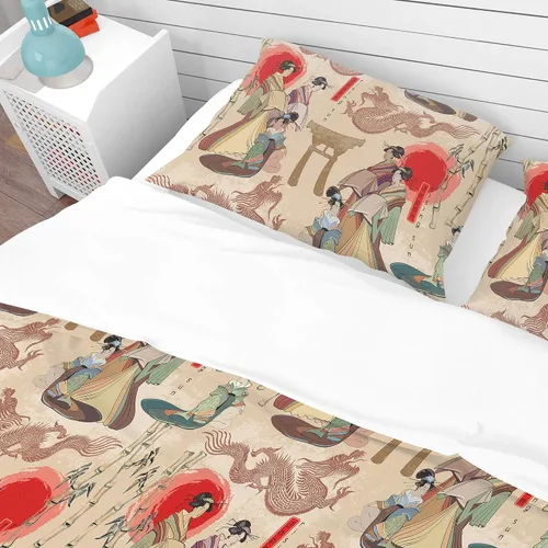 Vista 4 de DesignQ Juego de funda de edredón de 3 piezas, ultra suave, hipoalergénico, para todas las estaciones, geishas japonesas y dragones, juego de funda