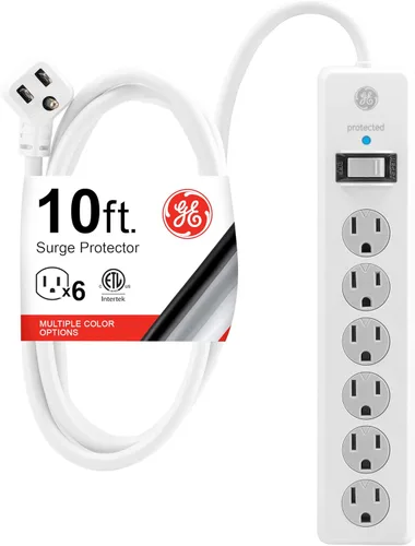 Vista 6 de GE - Protector de sobretensión de 6 tomas, extensión de 6 pies, multicontactos, 800 julios, enchufe plano, tapas de seguridad de cierre por torsión