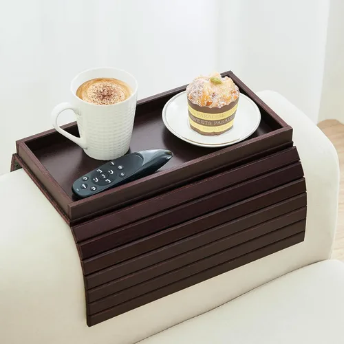 Vista 12 de GEHE Bandeja de madera de acacia para sofá, mesa auxiliar plegable para el brazo del sofá, mesa auxiliar con reposabrazos anticaídas, soporte