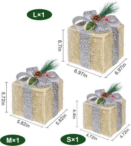 Vista 2 de COVFEVER Cajas de regalo iluminadas de Navidad, luces preiluminadas, cajas de regalo de tela de lino dorado, juego de cajas de regalo iluminadas a