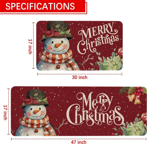 Vista 3 de Mloabuc® Juego de 2 alfombrillas de cocina de Navidad, antifatiga, impermeables, resistentes a las manchas, alfombra roja de muñeco de nieve