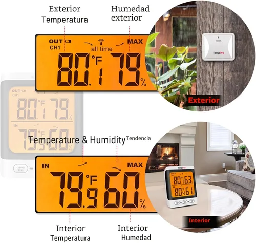 Vista 2 de Hidrómetro ThermoPro TP62 digital e inalámbrico para interior y exterior, medidor de temperatura y humedad con pantalla LCD de retroiluminación