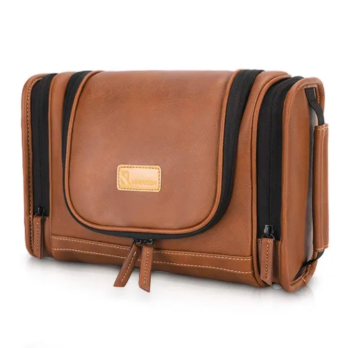 MIRASON Neceser de viaje, bolsa de aseo colgante para hombres, bolsa de ducha de viaje de cuero para artículos de tocador, bolsa de baño con gancho