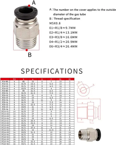 Vista 6 de M5 PT rosca macho 0.157 in recto neumático empuje en conectores de montaje rápido para tubo PETF 10 unids