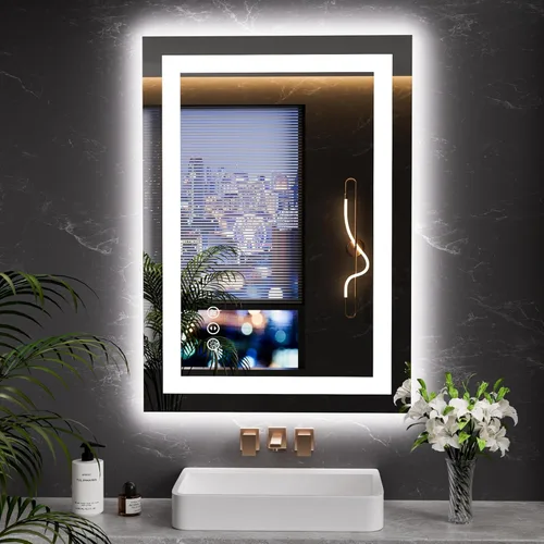Vista 23 de LOAAO Espejo de baño LED de 60 x 40 pulgadas con luces, antiniebla, regulable, retroiluminado + iluminado frontal, espejo de tocador de baño