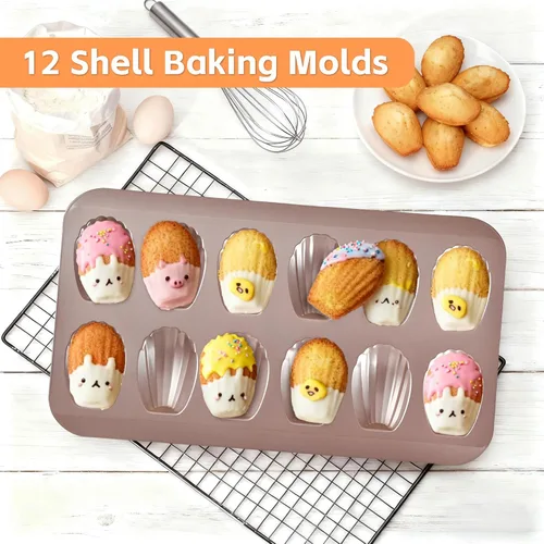 Vista 4 de Madeleine - Bandeja antiadherente de acero al carbono para hornear, molde de 12 agujeros para hornear en el horno, resistente a la deformación