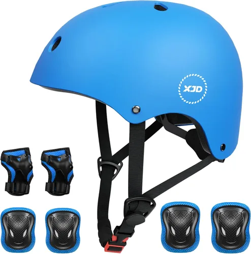 Vista 10 de Casco XJD de bicicleta para niños, juego de equipo de protección multideportivo para niños de 3 a 14 años, con rodilleras, coderas y muñequeras