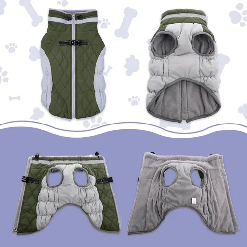 Vista 2 de Lelepet Abrigo para perro con arnés impermeable para perro, cuello alto reflectante y ajustable, chaleco de forro polar cálido para invierno, Verde