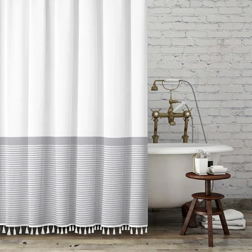 Vista 19 de Cortina de ducha gris Seasonwood Moderna de tela con borlas blancas, cortinas de ducha estilo casa de campo a rayas, impermeable, 72x72 pulgadas