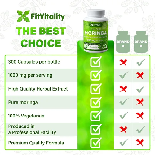 Vista 6 de Cápsulas de Moringa 300 cápsulas Moringa Oleifera 100% pura y natural Suplemento sin OMG y sin gluten Superalimento verde completo