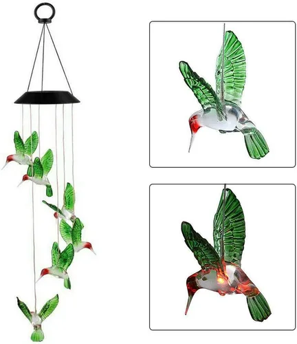 Vista 3 de EpicGadget - Lámpara solar con diseño de colibrí, campanilla de viento con pájaro que cambia de color, luces decorativas para el jardín al aire