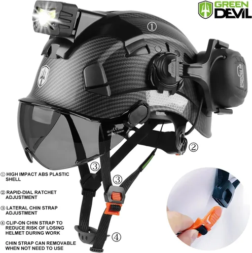 Vista 5 de Casco de seguridad con visera GREEN DEVIL con orejeras Bluetooth y faro 5 en 1 Protección completa Cascos de Construcción con ventilación Hardhat