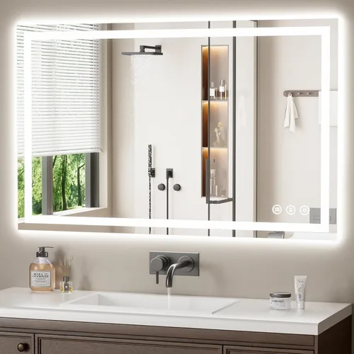 Vista 8 de Espejo de baño LED de 16 x 24 pulgadas con luces, antiniebla, retroiluminado + luz frontal, espejo de tocador de baño iluminado para pared, función