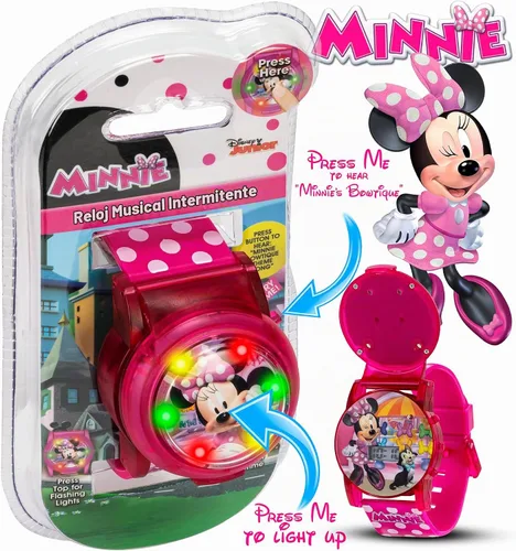 Vista 3 de Disney Minnie Mouse - Reloj musical para niños con luces LED de colores, efectos de sonido, cubierta interactiva abatible, pantalla digital fácil