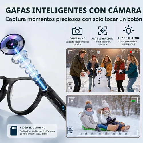 Vista 2 de Gafas inteligentes Lixeszt AI con cámara, video 2K, traducción Negro