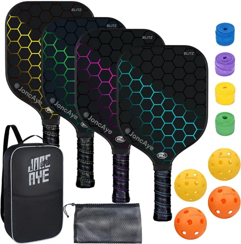 JoncAye Pickleball Paddles Set of 4 or 2, USAPA Approved Fiberglass Rackets with Outdoor Indoor Balls, Bag, Overgrip, Lightweight for Family,