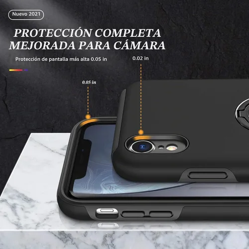Vista 5 de Funda compatible con iPhone XR con protector de pantalla de vidrio templado para hombres, funda protectora ligera 2 en 1 con soporte de anillo Negro
