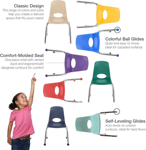 Vista 8 de Factory Direct Partners 10356-PU - Silla escolar apilable de 10 pulgadas, asiento apilable para estudiantes con patas de acero cromado y rodamientos