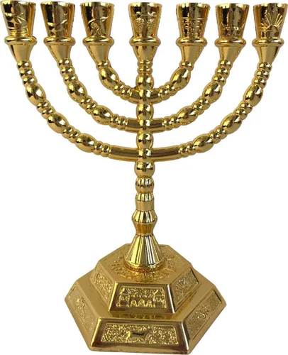 Vista 5 de Menorá judía de Tierra Santa 7 ramas - Menorá de Janucá de las 12 Tribus de Israel (Cobre, 12.7 cm)