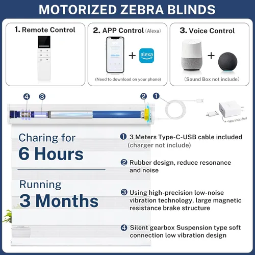Vista 6 de Keego Persianas motorizadas con control remoto de cebra para ventanas, persianas inteligentes eléctricas compatibles con Alexa en casa, oficina